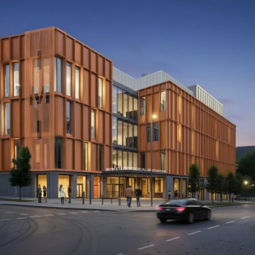 A mock-up of a large building at night.