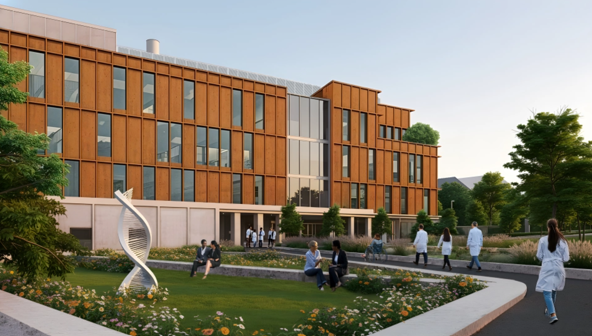 A mock-up of a large brown and white building with a garden area in front.